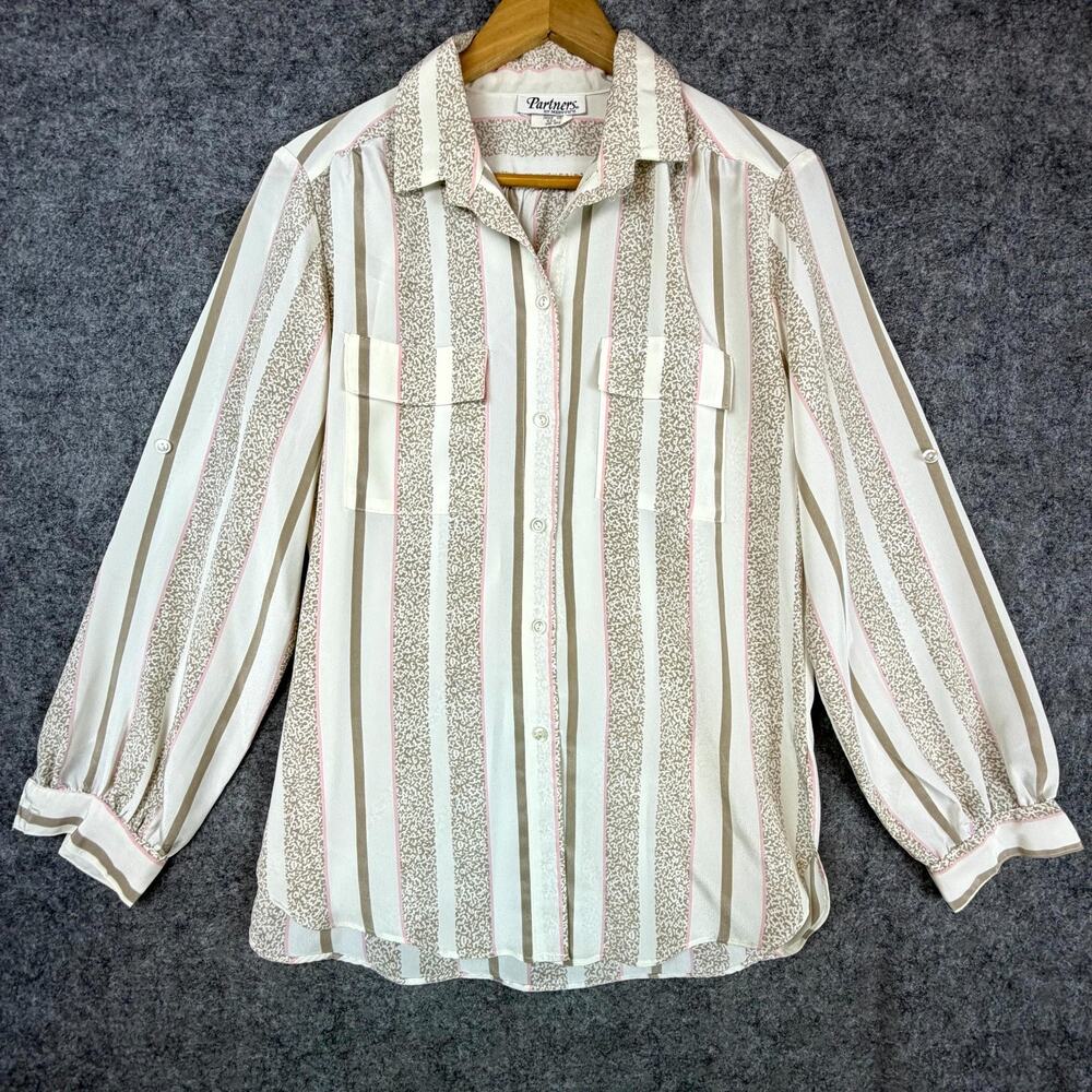 Vintage Partners By Mervyns Shirt Womens 14 Tan White 70s Retro Sheer Preppy